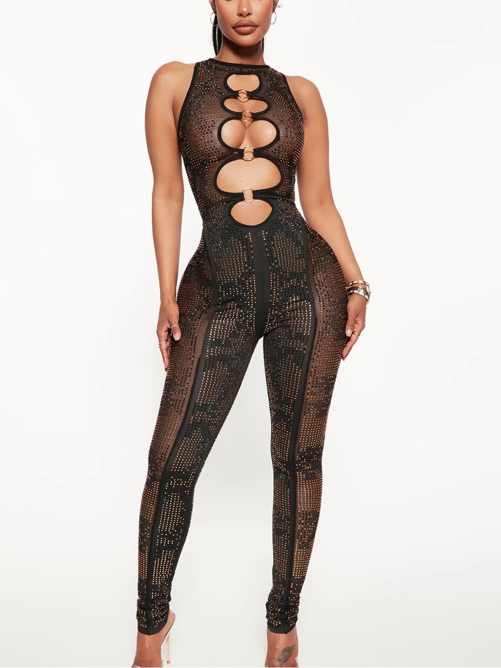 Fashion Nova Black and Gold Studded Mesh Jumpsuit